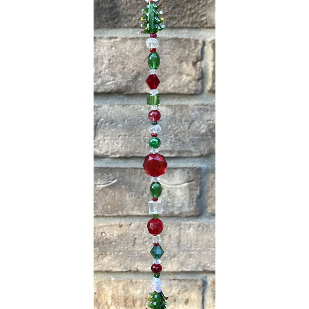 Beaded Christmas Tree Suncatcher Red Green Crystal Prism Hanging Decor - Picture 6 of 10